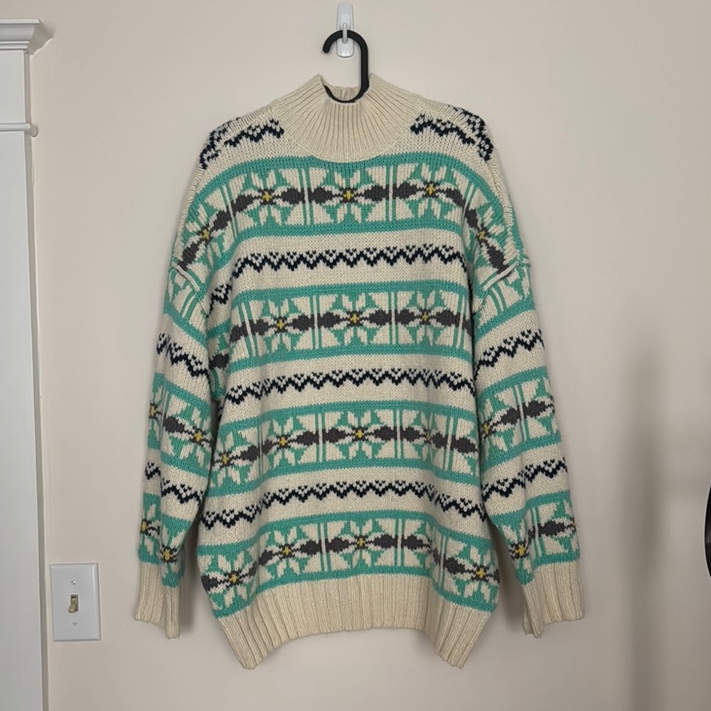 Cream and Teal Patterned Sweater